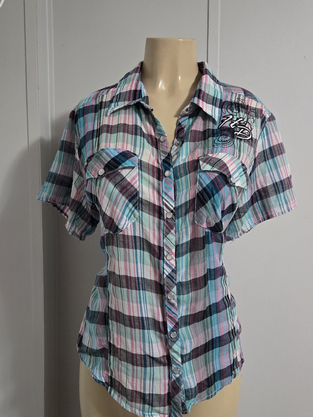 Harley-Davidson Women’s Plaid Button-Down Shirt in Pink, Teal & Black